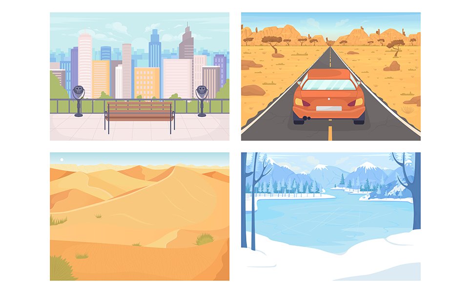 Seasonal landscapes color vector illustration set