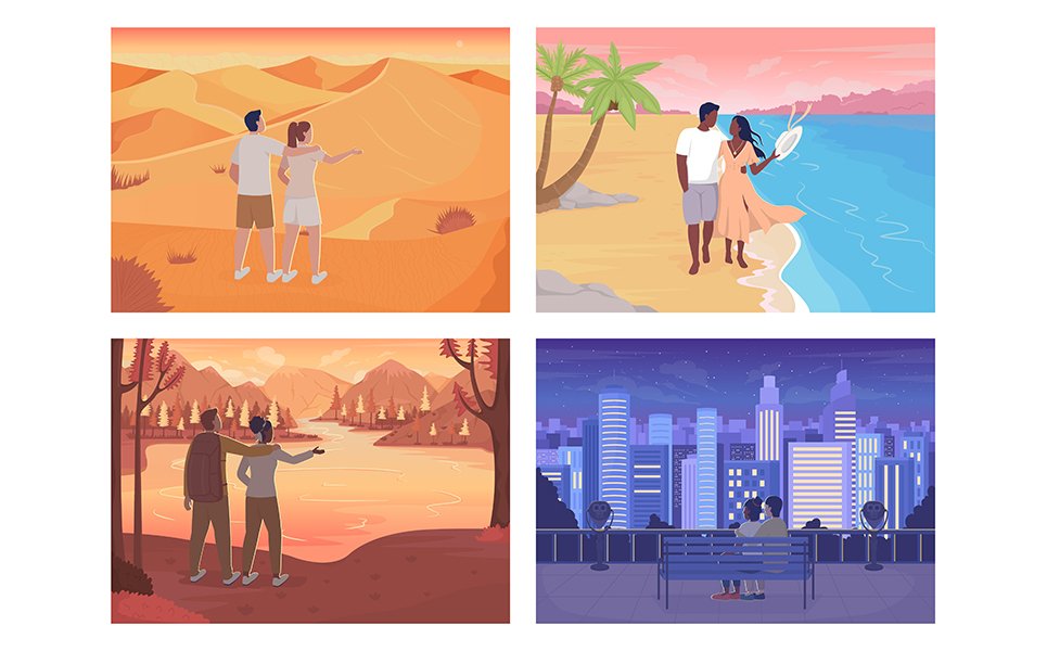 Romantic getaway with beloved color vector illustration set