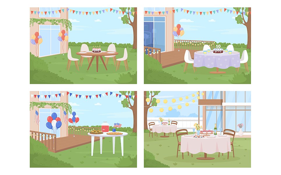 Backyard party arrangement color vector illustration set