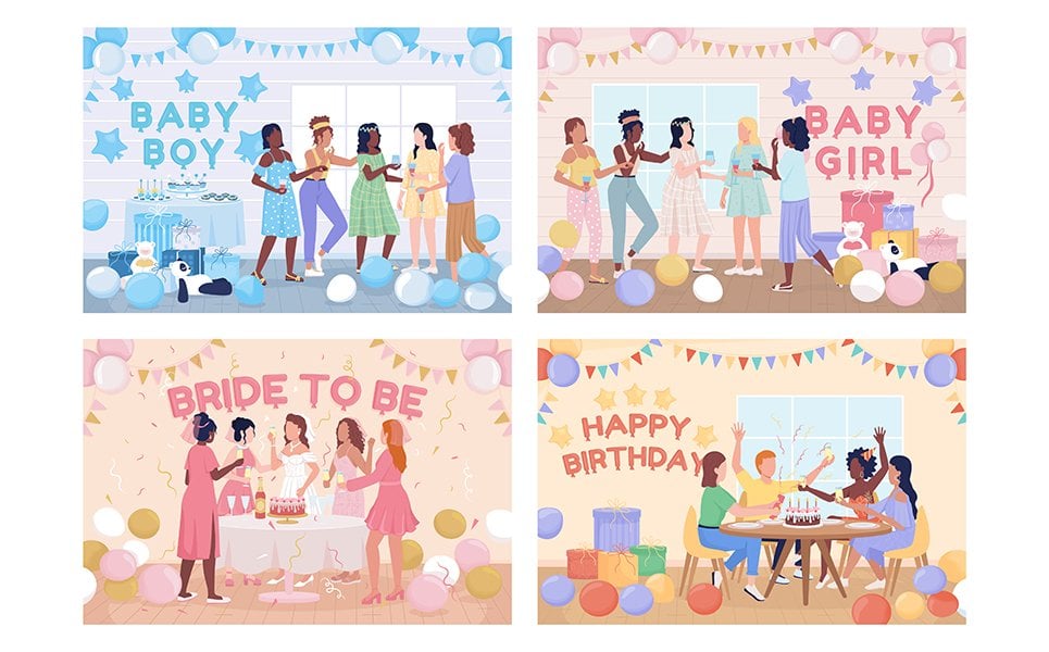 Home party flat color vector illustration set