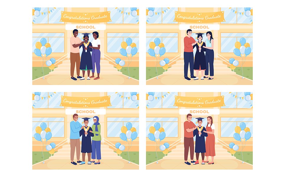 School graduation ceremony color vector illustration set