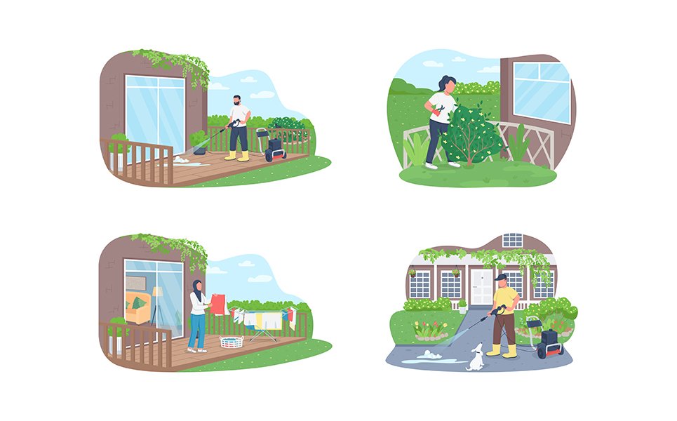 Seasonal outdoor cleaning work illustration