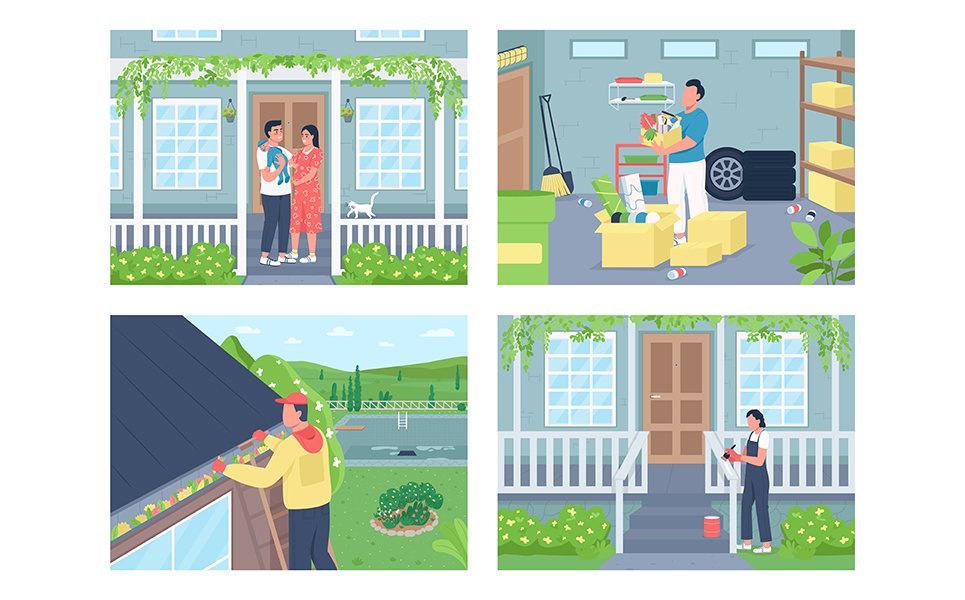 Residential life, spring home cleaning color vector illustration set
