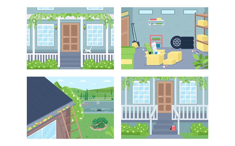 Outside house flat color vector illustration set