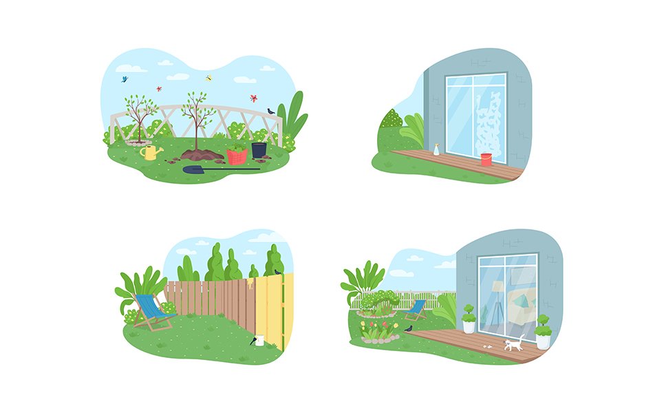 Outdoor spring cleaning vector illustration set