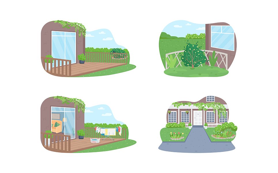 Outdoor suburban home vector illustration set