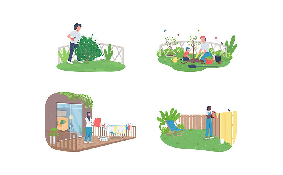 Spring garden maintenance color vector faceless character set