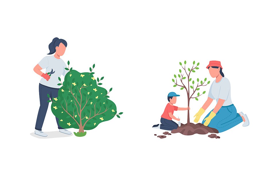 Working in garden color vector faceless character set