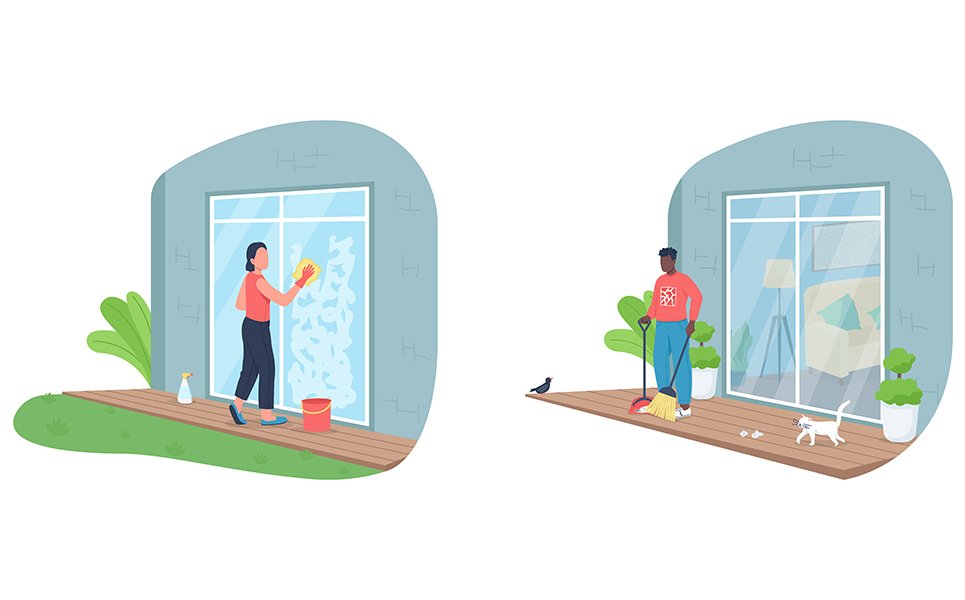Outdoor house cleaning color vector faceless character set