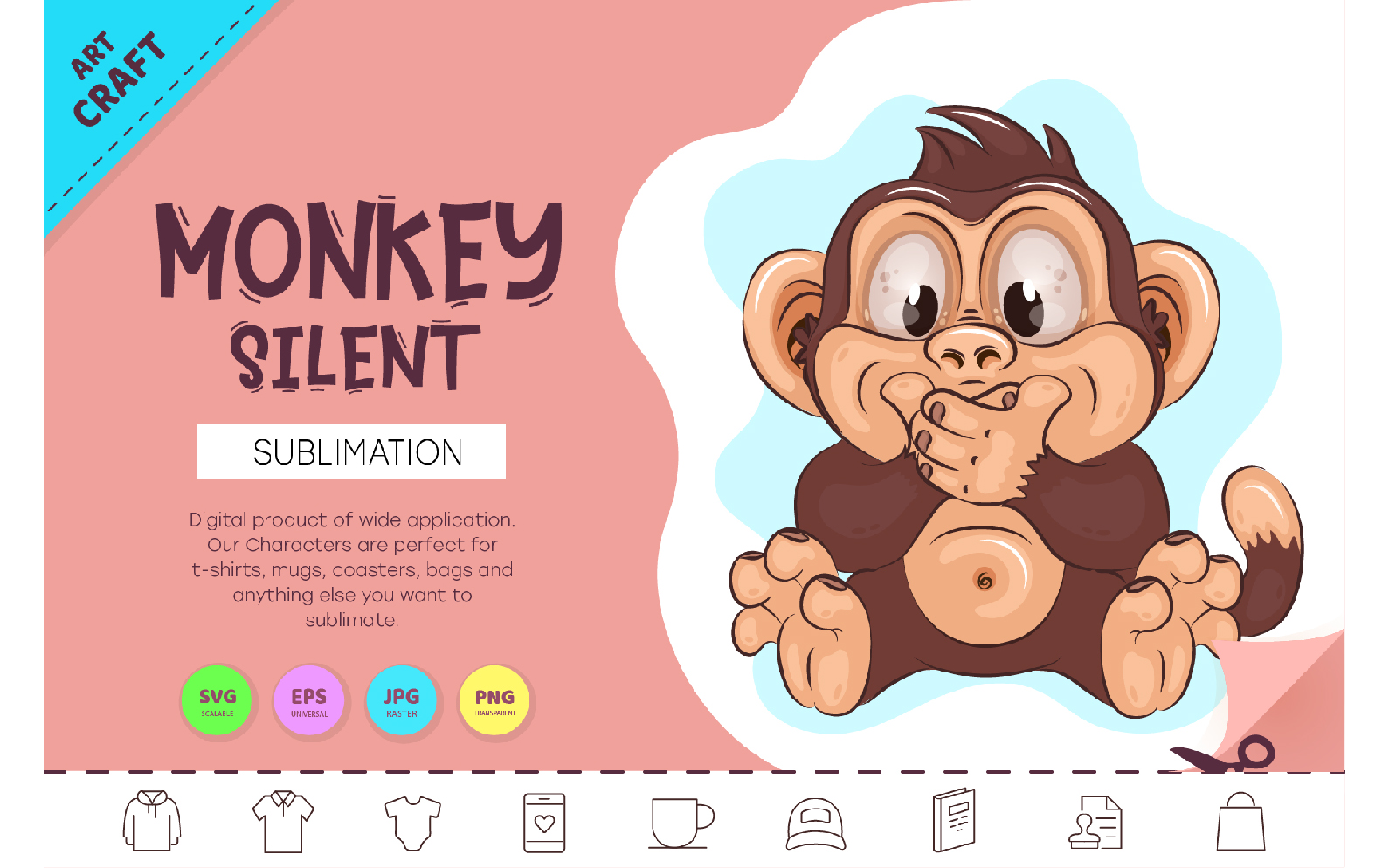 Cartoon Silent Monkey. Crafting, Sublimation.