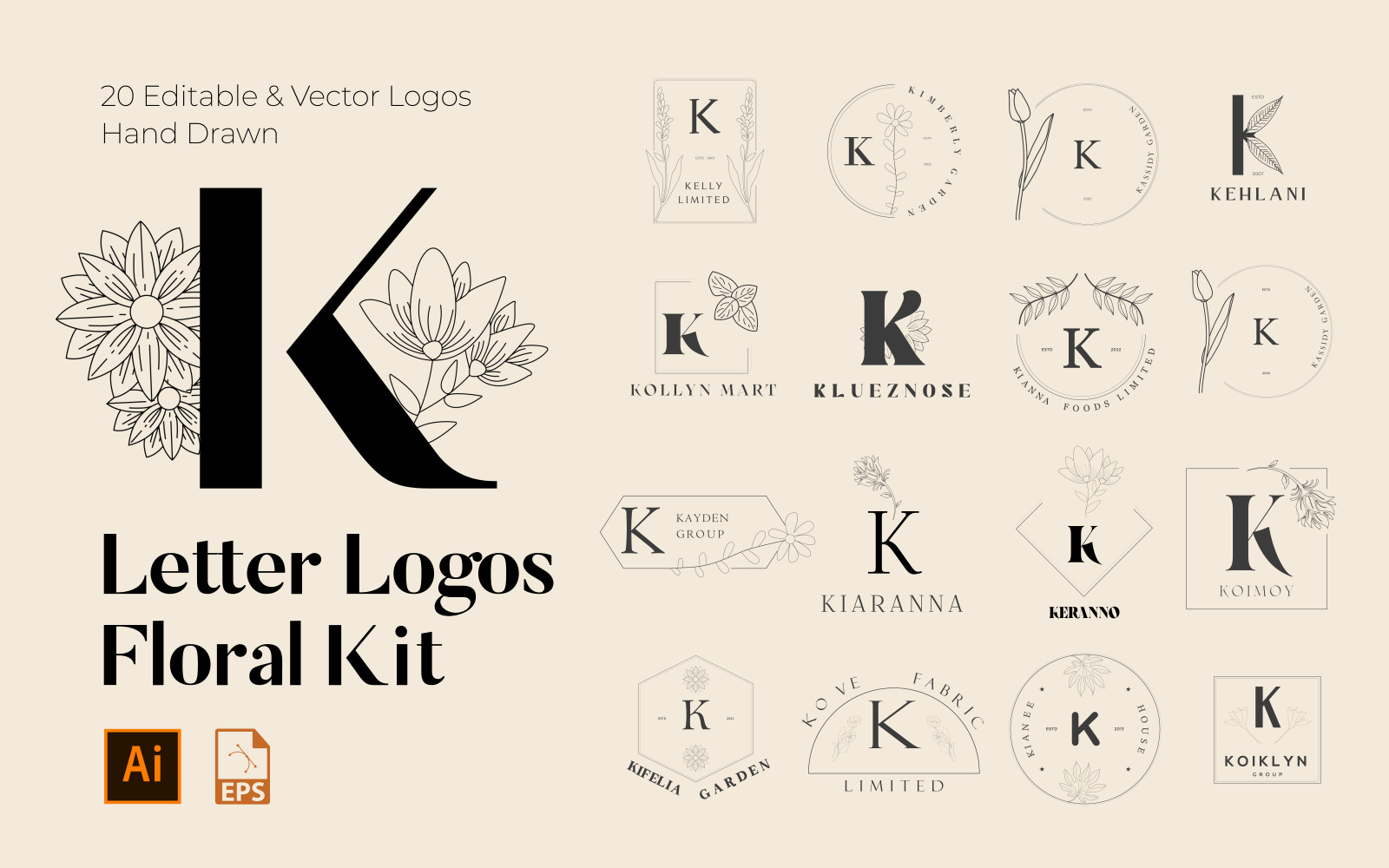 K Letter Floral Handmade Logos kit