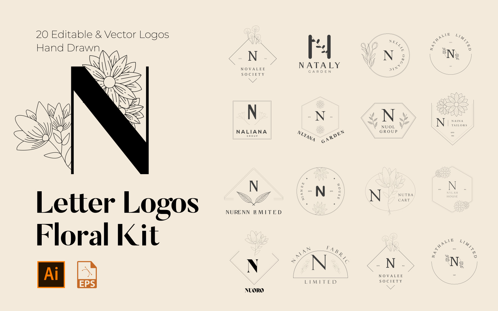 N Letter Floral Handmade Logos kit