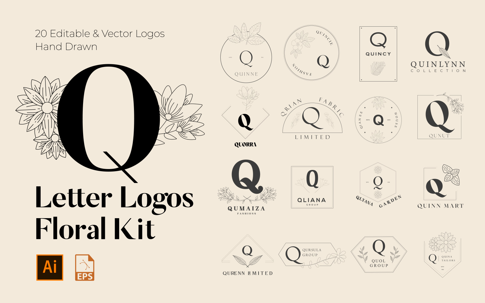 Q Letter Floral Handmade Logos kit