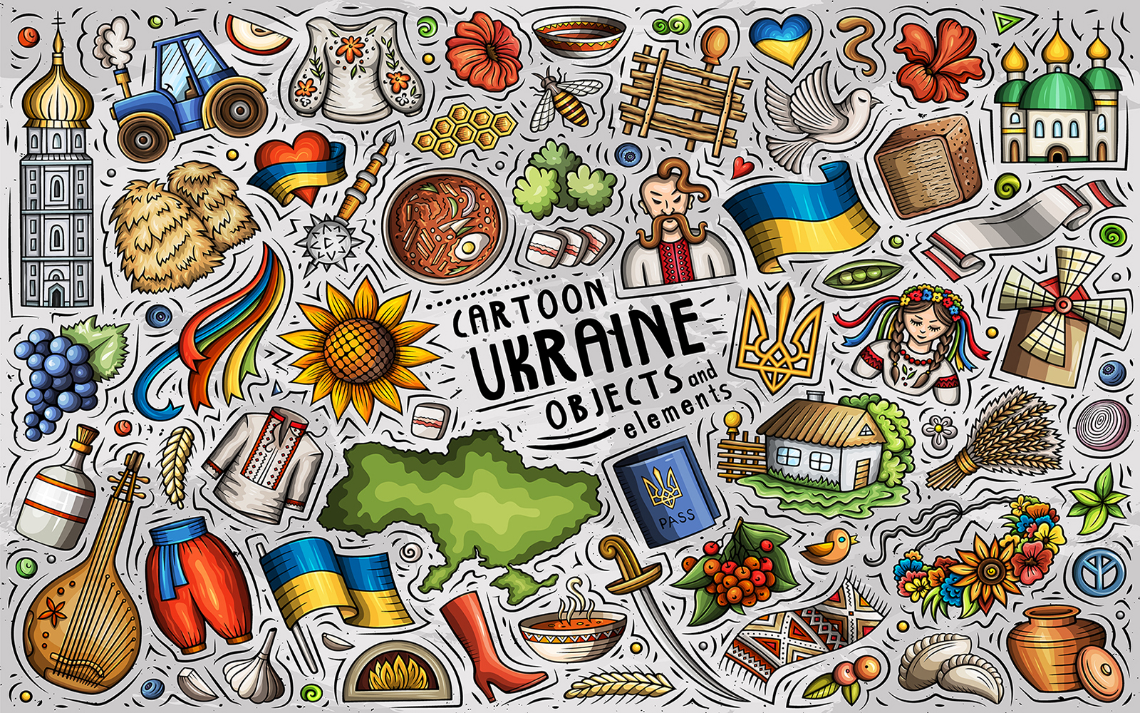 Ukrainian Objects Set. Cartoon Vector Illustration