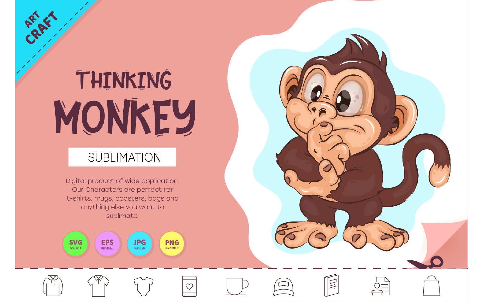 Cartoon Thinking Monkey. Crafting, Sublimation.