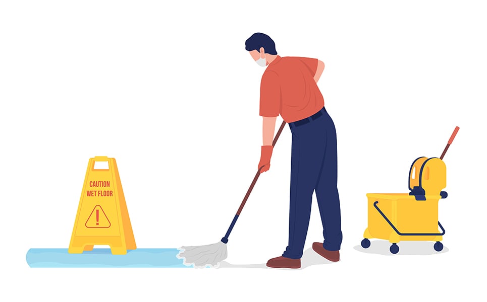 Janitor mopping floor flat color vector character