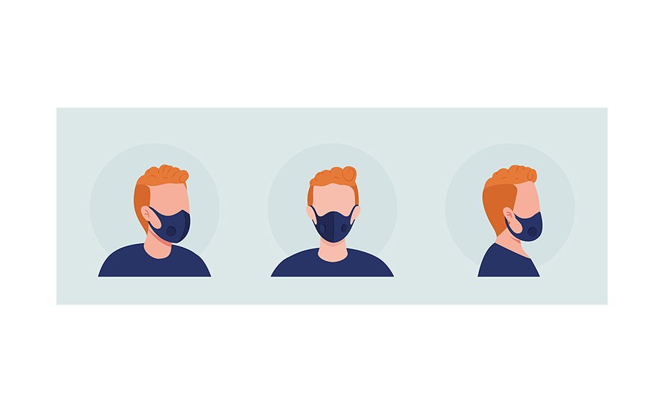 Red haired semi flat color vector character avatar with mask set
