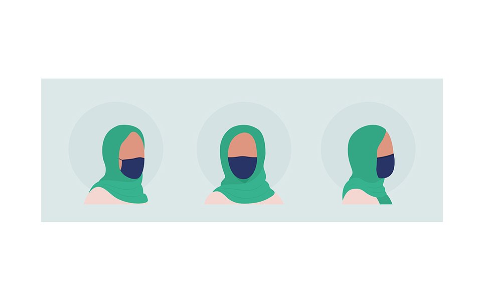 Hijab woman semi flat color vector character avatar with mask set