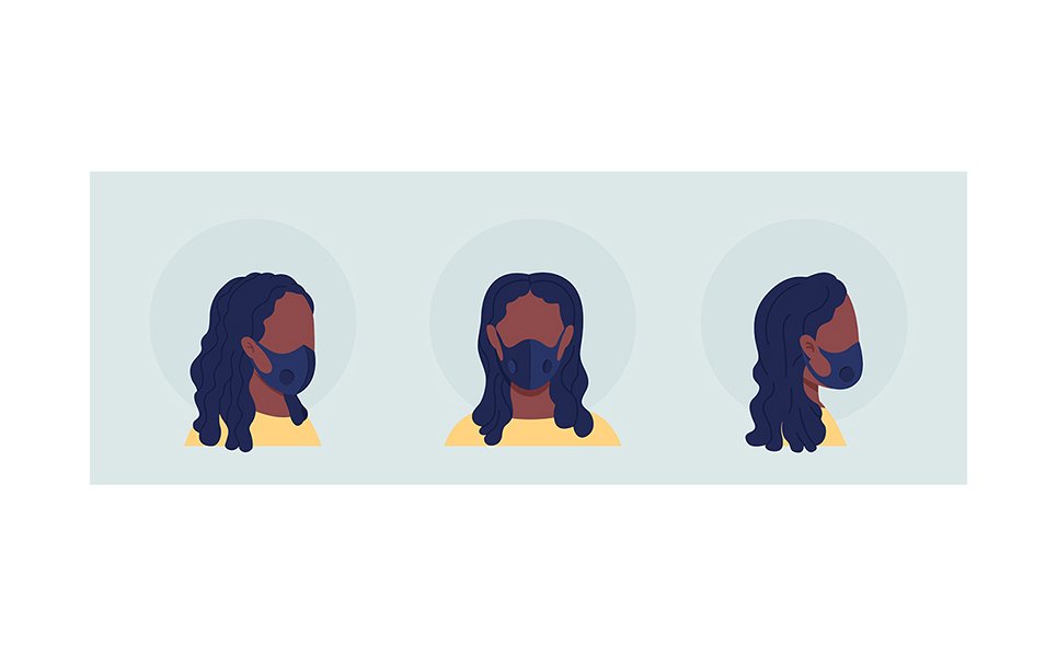 Black woman semi flat color vector character avatar with mask set
