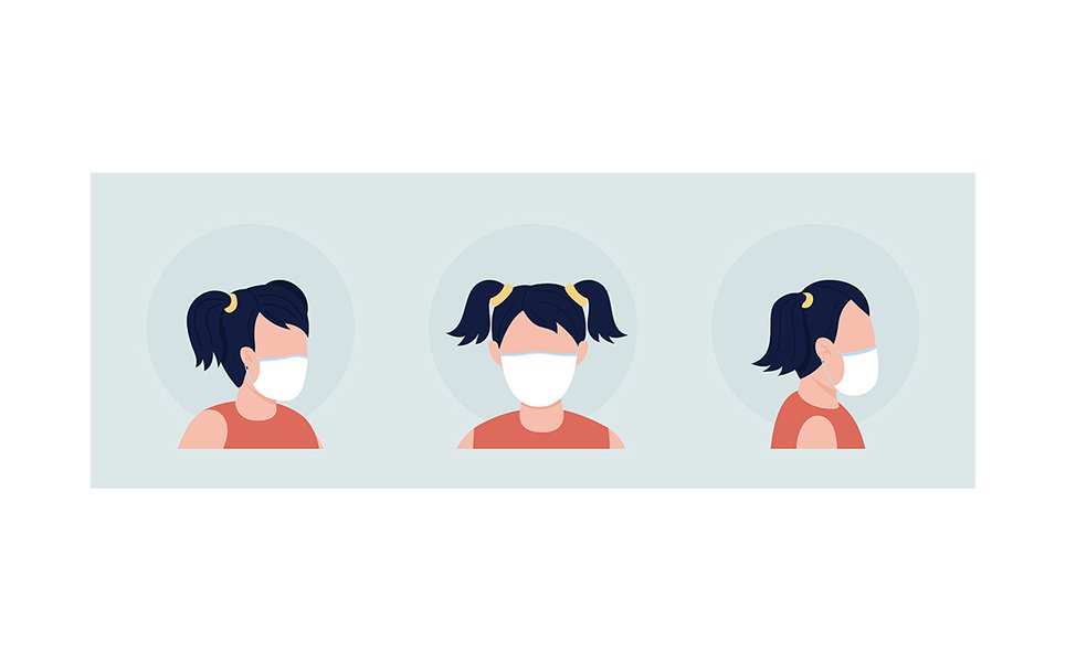 Girl with elastic mask semi flat color vector character avatar set