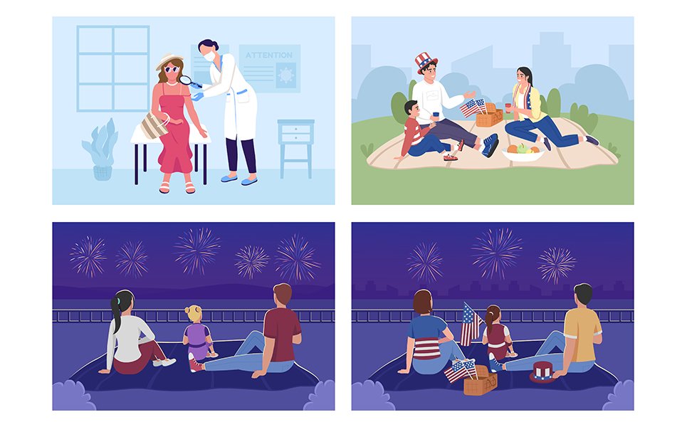 Family outdoor celebration and sun protection flat color vector illustration set
