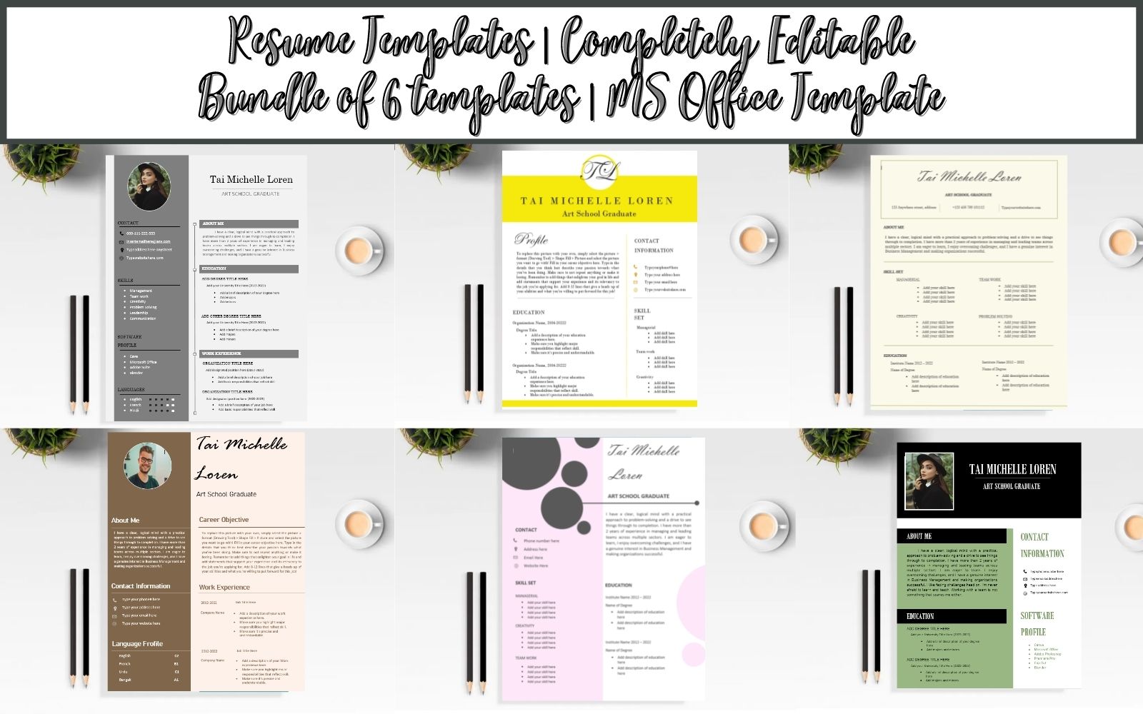 Professional Resume Bundle of 6 MS Office Templates | 100+ Power Verbs and Assembled Icons