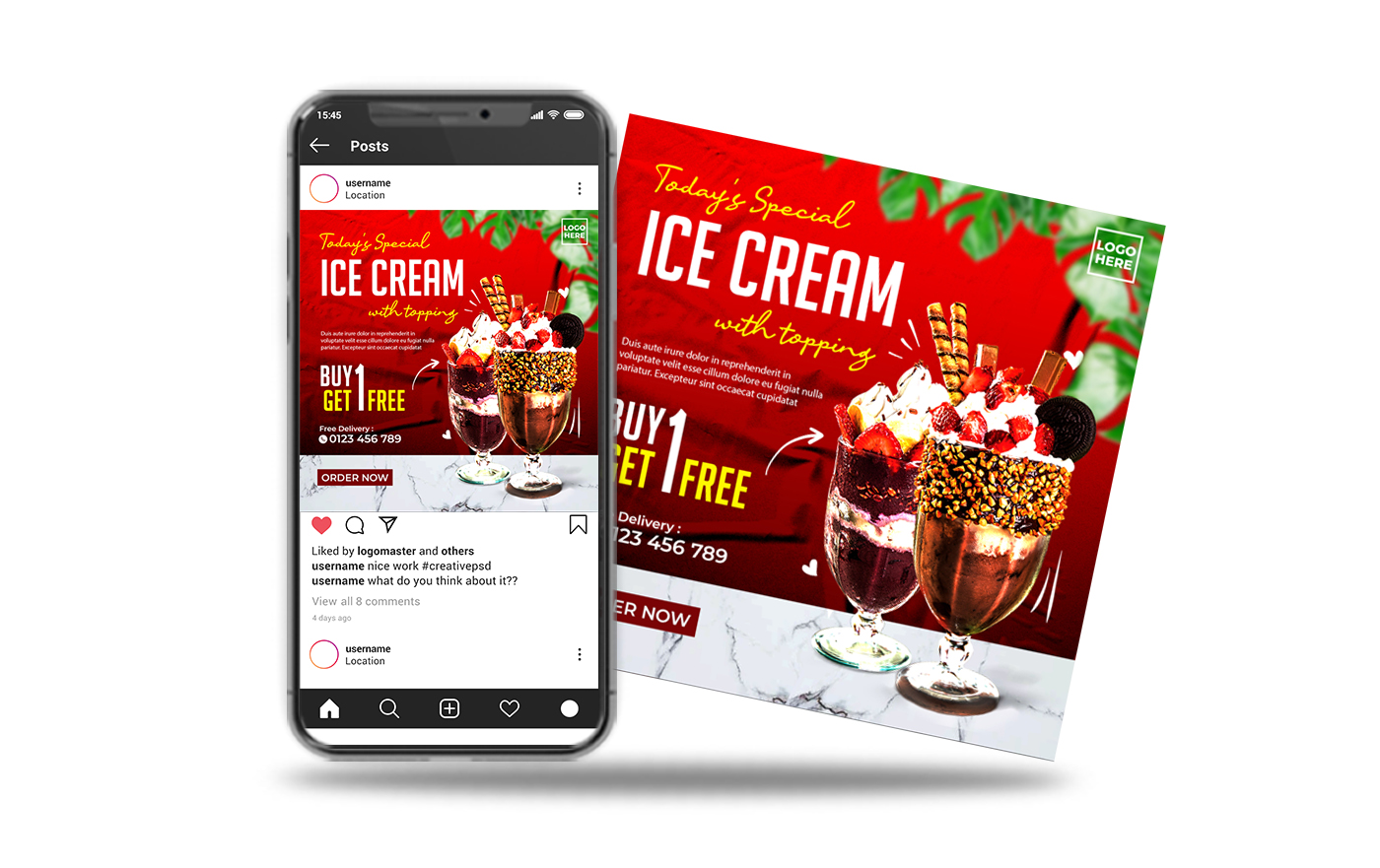 social media post ice cream with topping