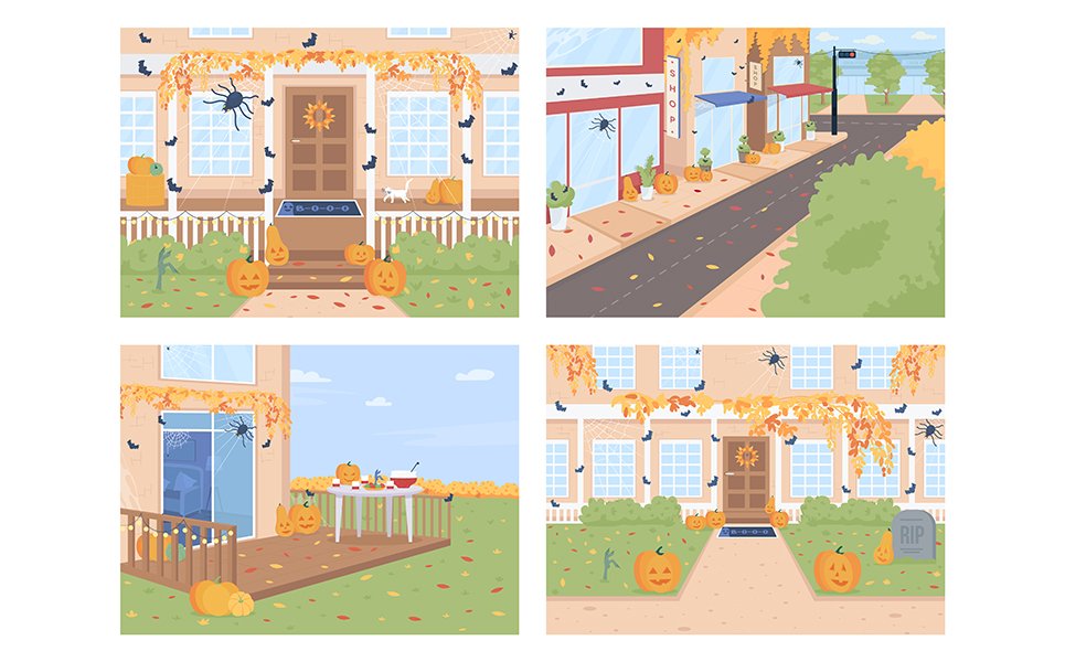 Outdoor Halloween decorations flat color vector illustration set