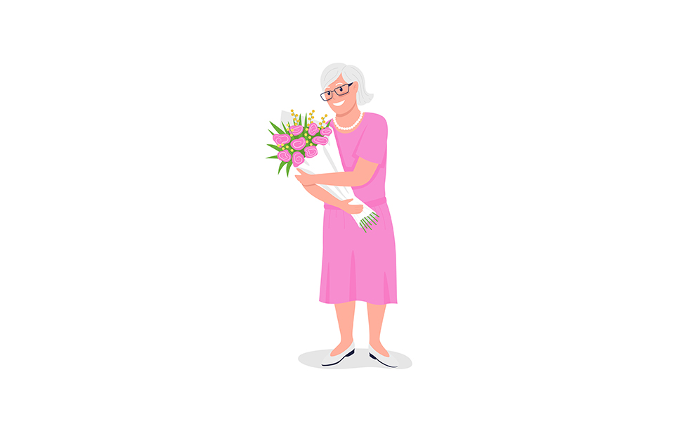 Happy senior caucasian woman with flowers flat color vector detailed character