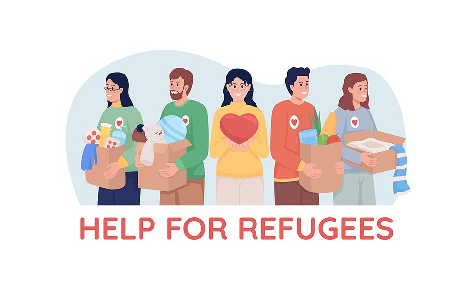 Help for refugees 2D vector isolated illustration