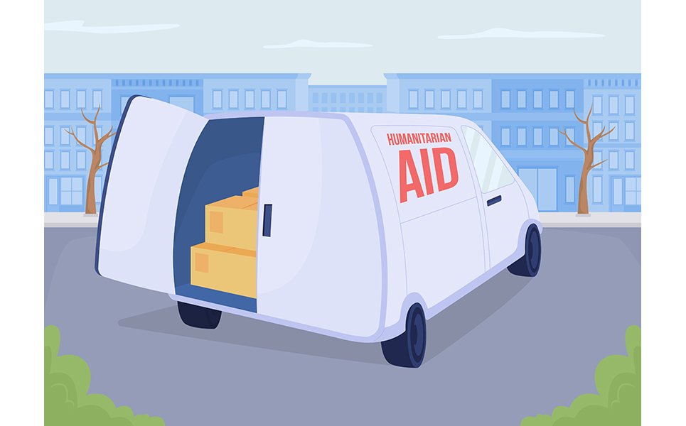 Delivering humanitarian aid to Ukraine flat color vector illustration