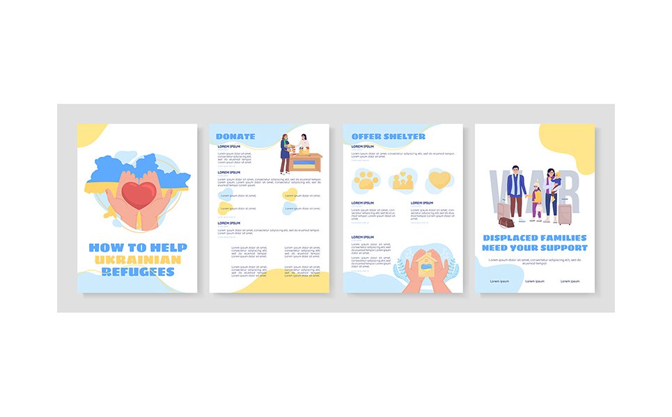 Help ukrainian refugees flat vector brochure template