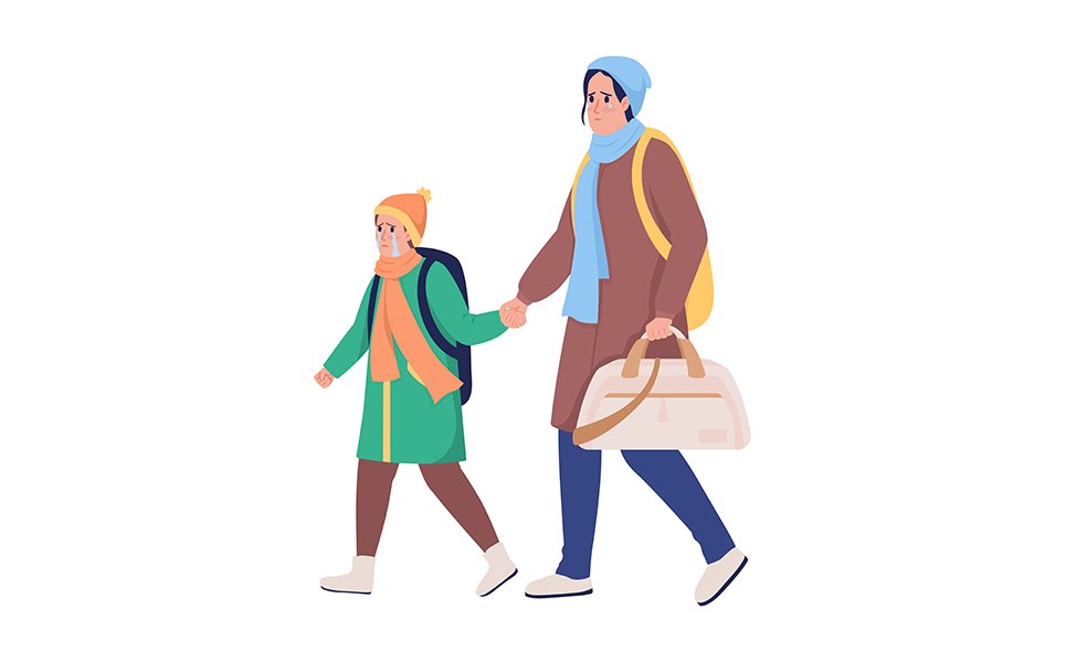 Mother with son running away from war semi flat color vector characters