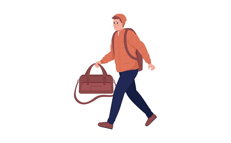 Male refugee with luggage running away from war semi flat color vector character