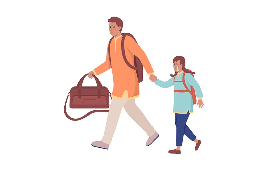 Father with girl running away from bombing semi flat color vector characters