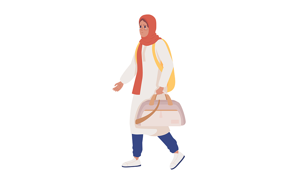 Female asylum-seeker with baggage and backpack semi flat color vector character