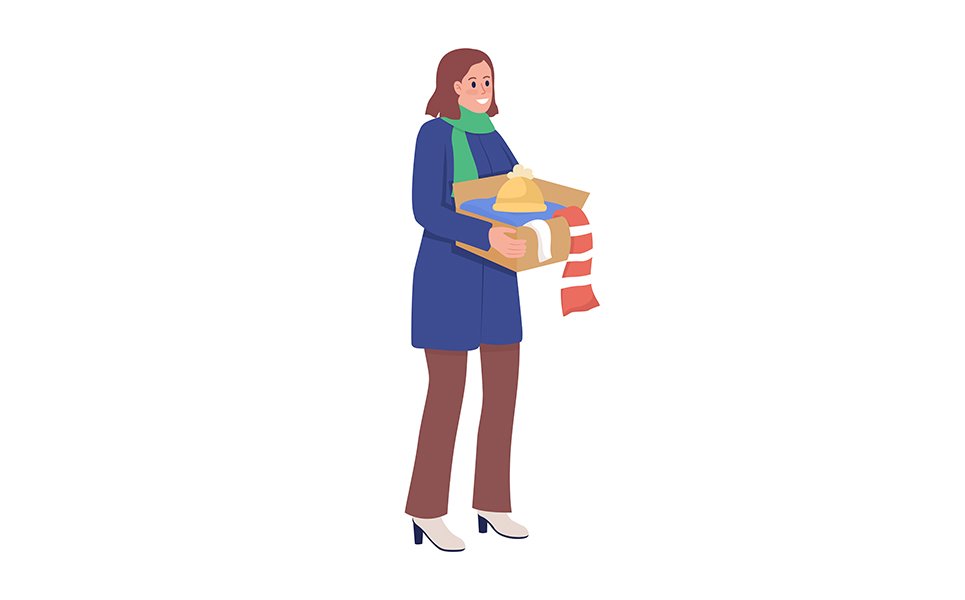 Smiling woman with clothing donation box semi flat color vector character