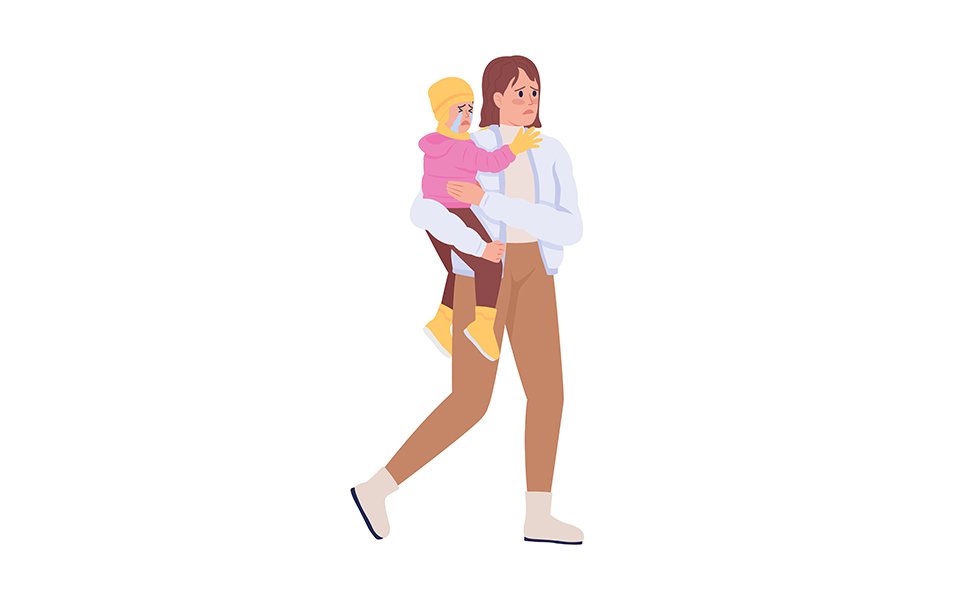 Mother with kid leaving home by war and persecution semi flat color vector characters