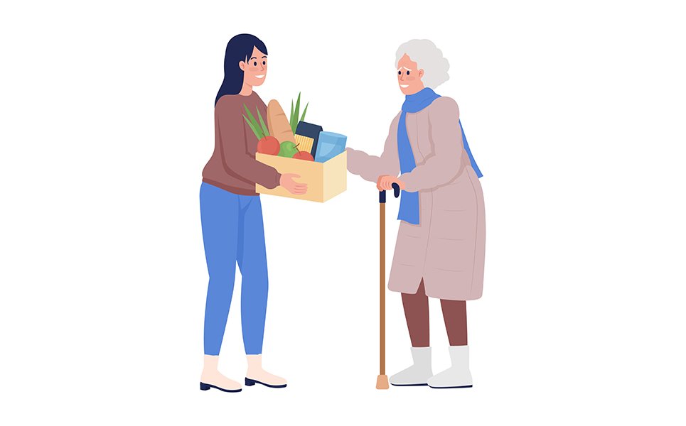 Old woman expressing thankfulness to volunteer semi flat color vector characters
