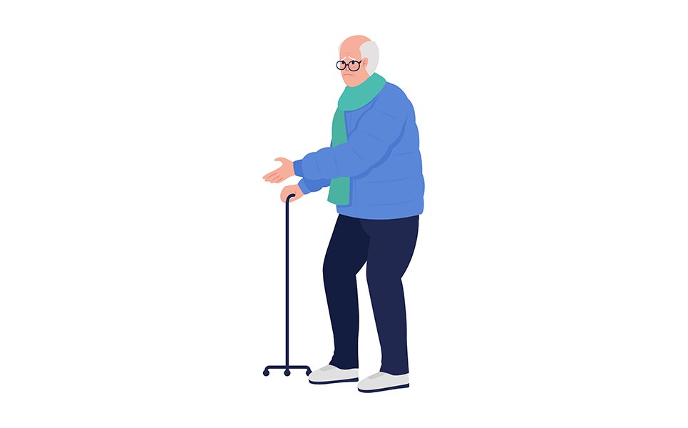 Sad senior man with tripod walking stick semi flat color vector character