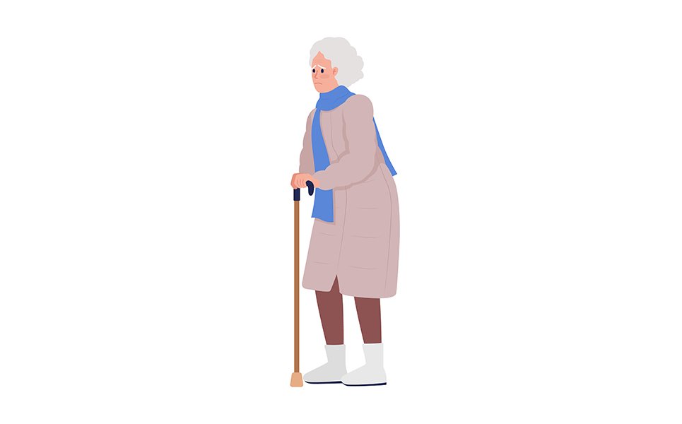 Worried old woman with walking stick semi flat color vector characters
