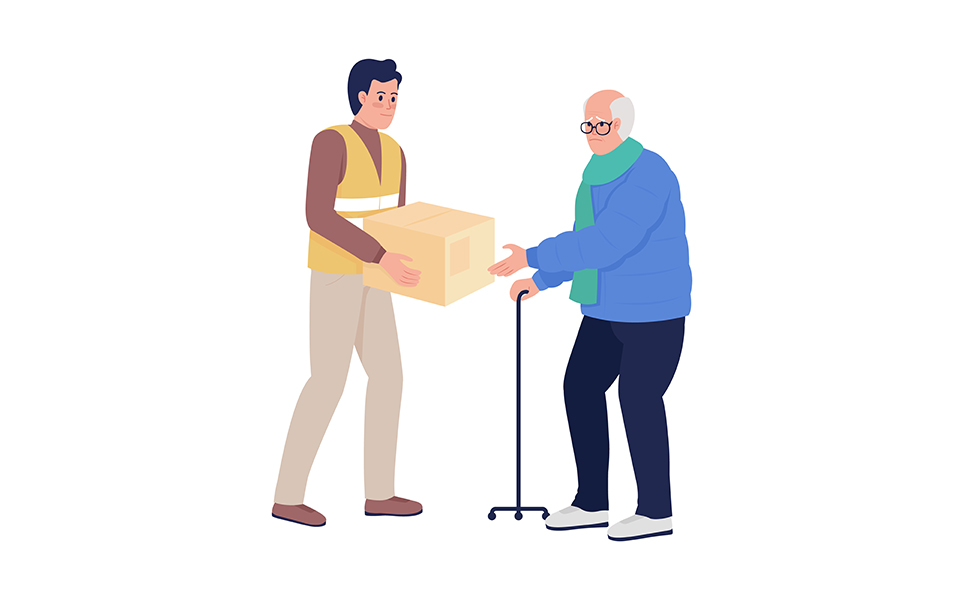 Old man getting humanitarian aid from volunteer semi flat color vector characters