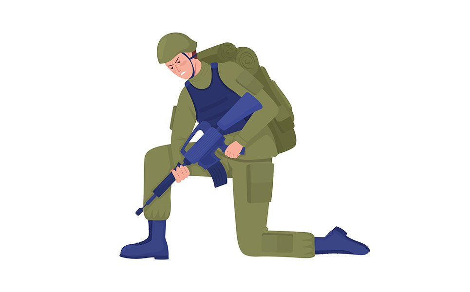 Army soldier with rifle looking for trace semi flat color vector character