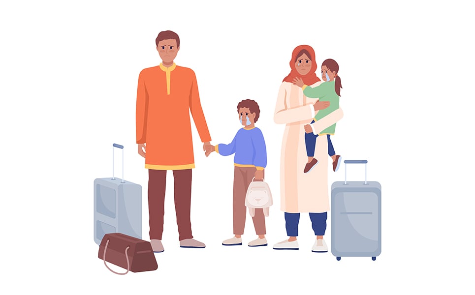 Fleeing family waiting for evacuation train semi flat color vector characters