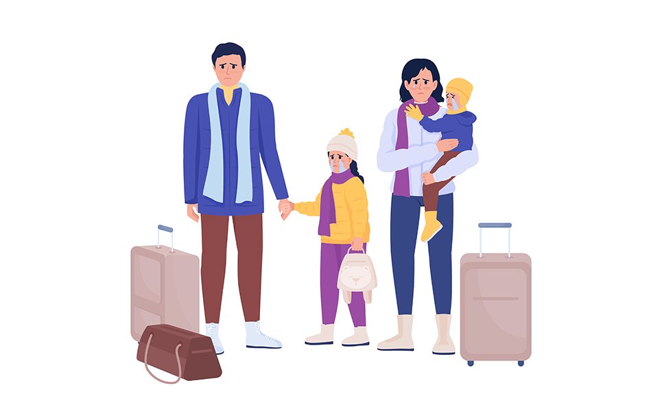 Family waiting for evacuation on train station semi flat color vector characters