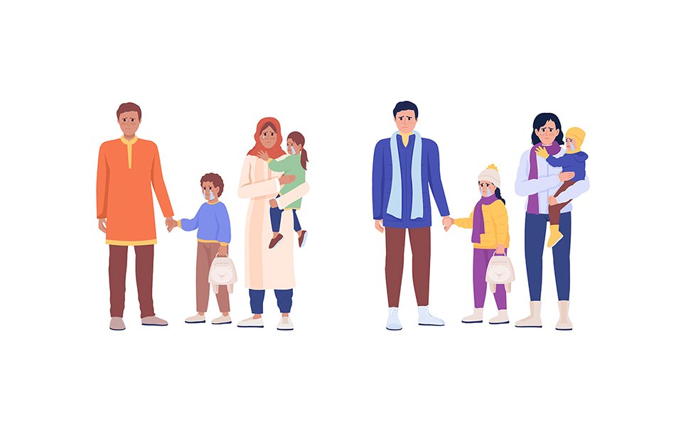 People with children waiting for evacuation semi flat color vector characters