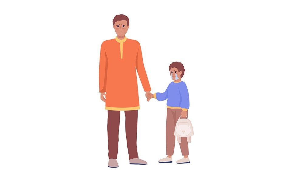 Dad holding crying son hand semi flat color vector characters