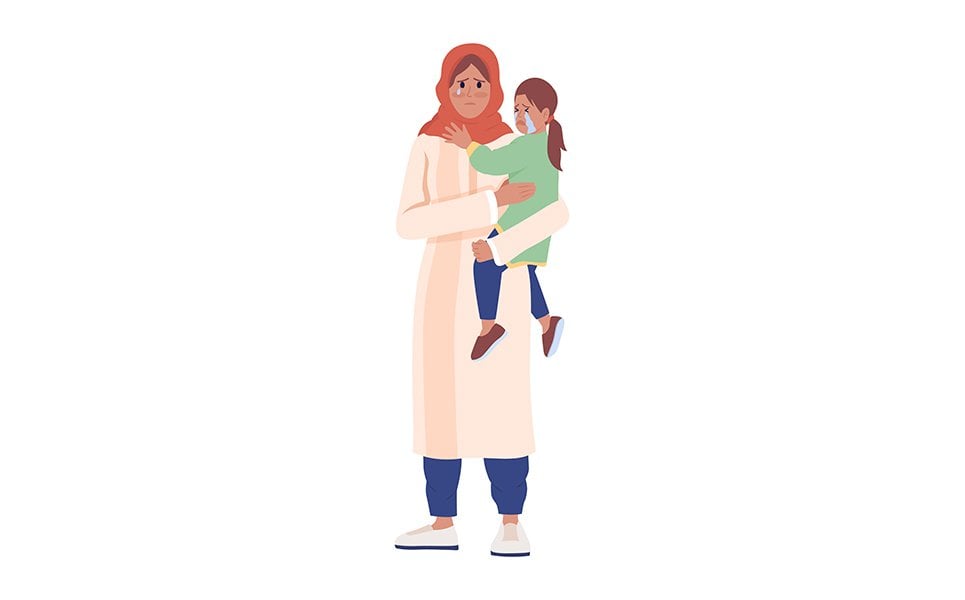 Female war victim holding teary daughter semi flat color vector characters