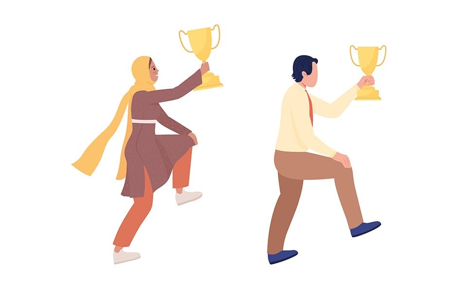 People with golden trophy prize semi flat color vector characters