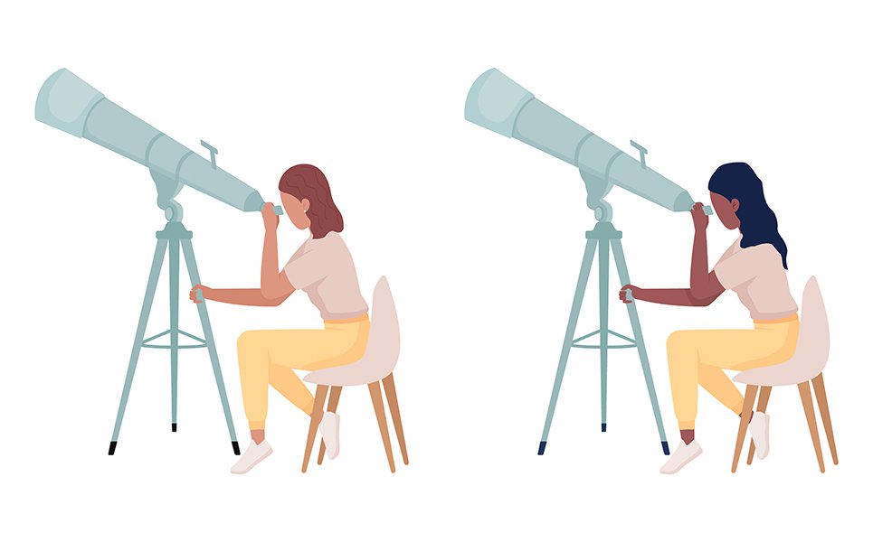 Astronomists with powerful telescopes semi flat color vector characters set